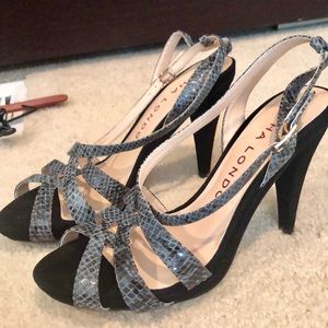 Sacha London gorgeous blue snakeskin sandals.